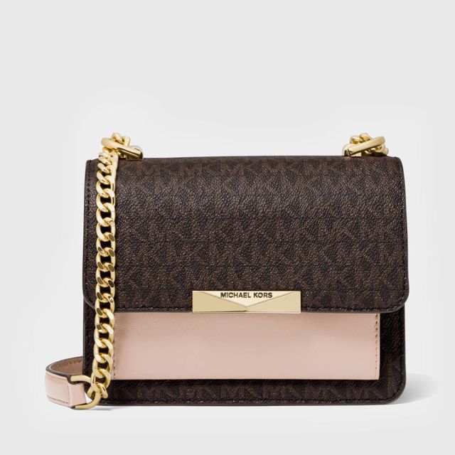 Michael Kors Jade Extra Small Logo And Leather Crossbody Bag Brown Soft Pink Home Delivery