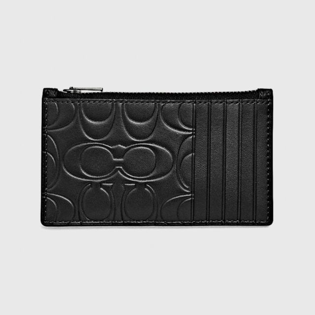 COACH Zip Card Case in Embossed Signature Leather - BLACK