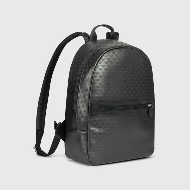 EMPORIO ARMANI Backpack In Bovine Leather With All-Over Logo Print