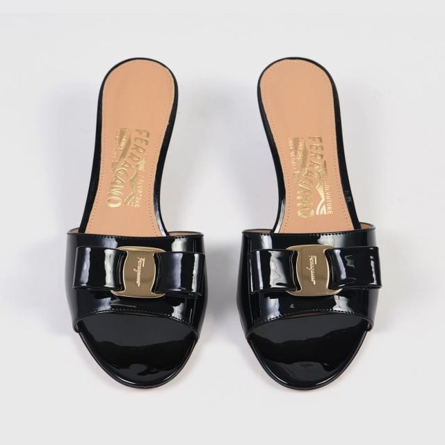 Salvatore Ferragamo Women's Ginostra Mules Vara Bow Slide Sandals Black ...
