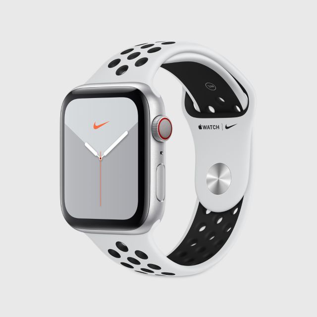silver apple watch with black nike band