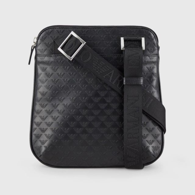 EMPORIO ARMANI Flat Leather Shoulder Bag With Embossed Monogram