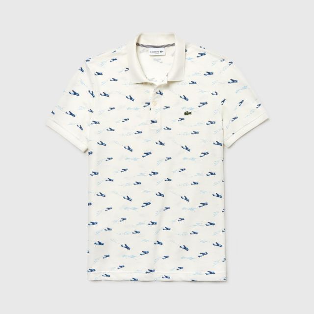 LACOSTE Men's Lacoste Slim Airplane Print And Linen Piqué Polo Shirt White - Size 3 (Home Delivery)