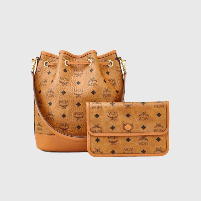 Mcm gold visetos sales drawstring medium cognac