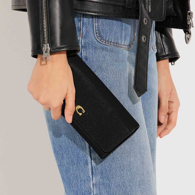 COACH Crossgrain Leather Flap Wallet B4 Black