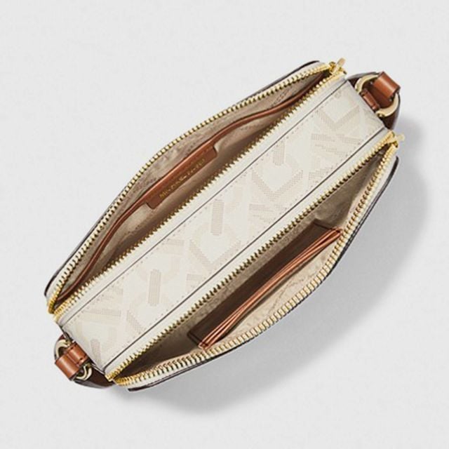 MICHAEL KORS Jet Set Small Empire Signature Logo Stripe Double Zip Camera Bag Vanilla