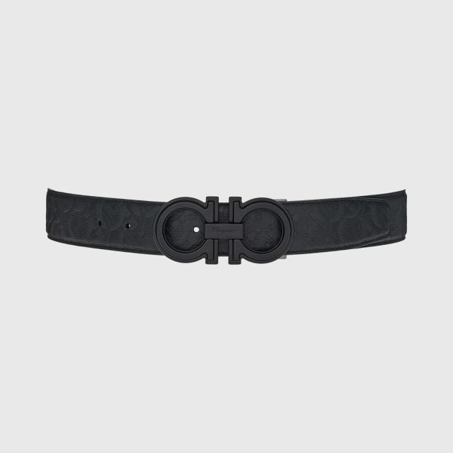 FERRAGAMO Reversible and Adjustable Gancini Belt - Black/Denim 115