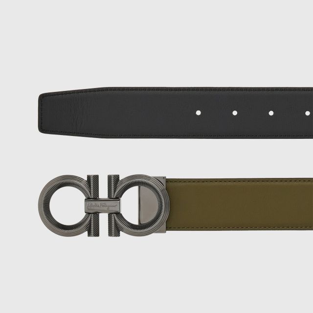 FERRAGAMO Reversible and Adjustable Gancini Belt - Black/Olive Green 105