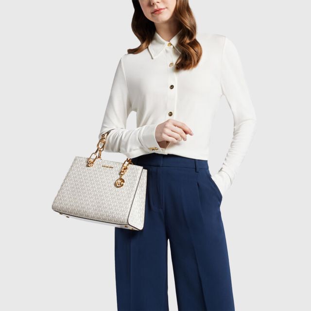 MICHAEL KORS Cynthia Medium Signature Logo Satchel Vanilla Cream